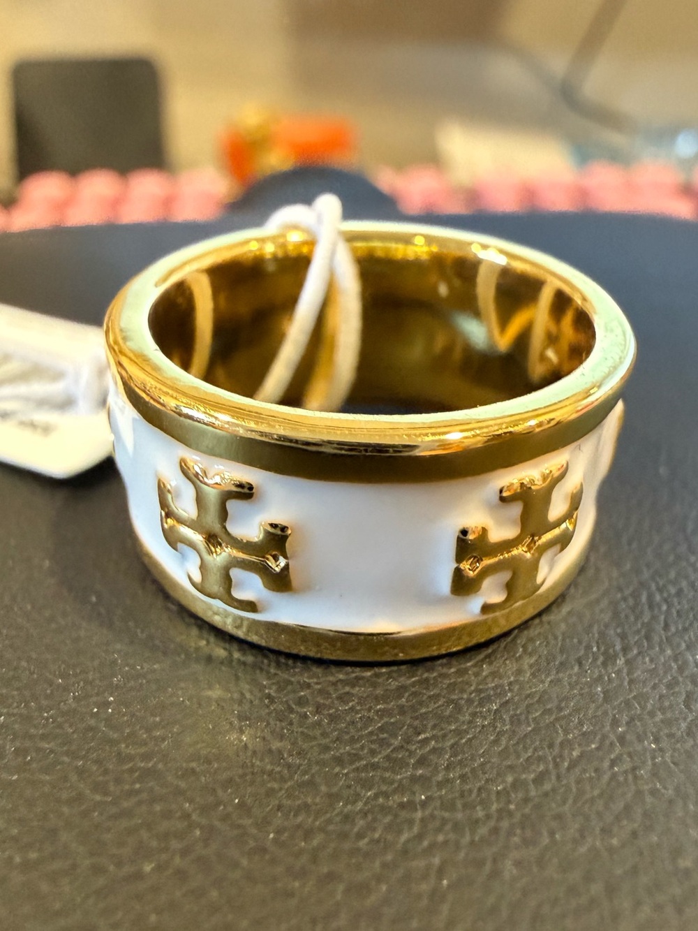 Tory Burch | Gold Plated & White Enamel Women's Logo Band Ring | Size 7